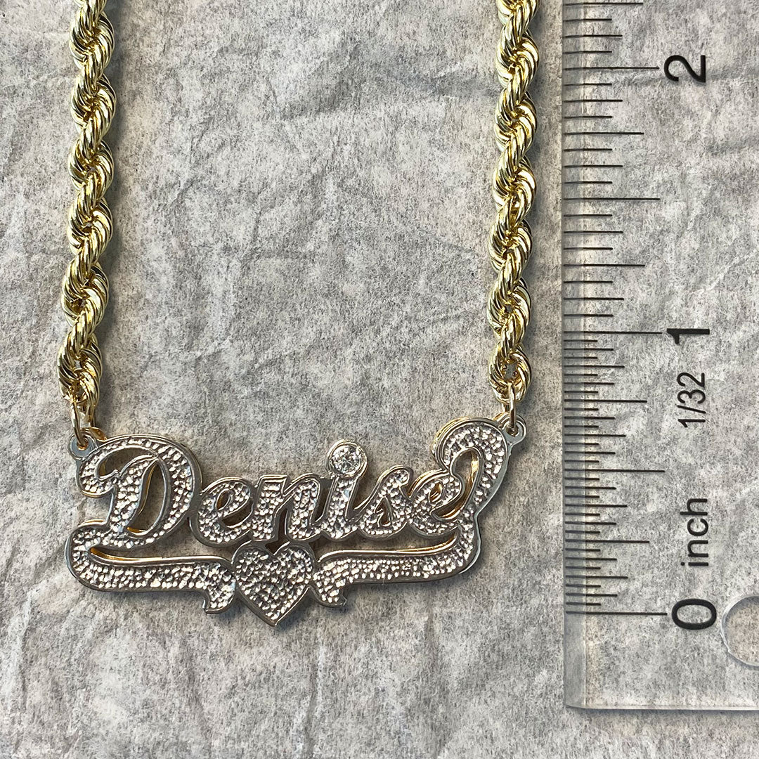 Personalized Cursive Double Name Plate Pendant with Heart Underline and Genuine Diamond