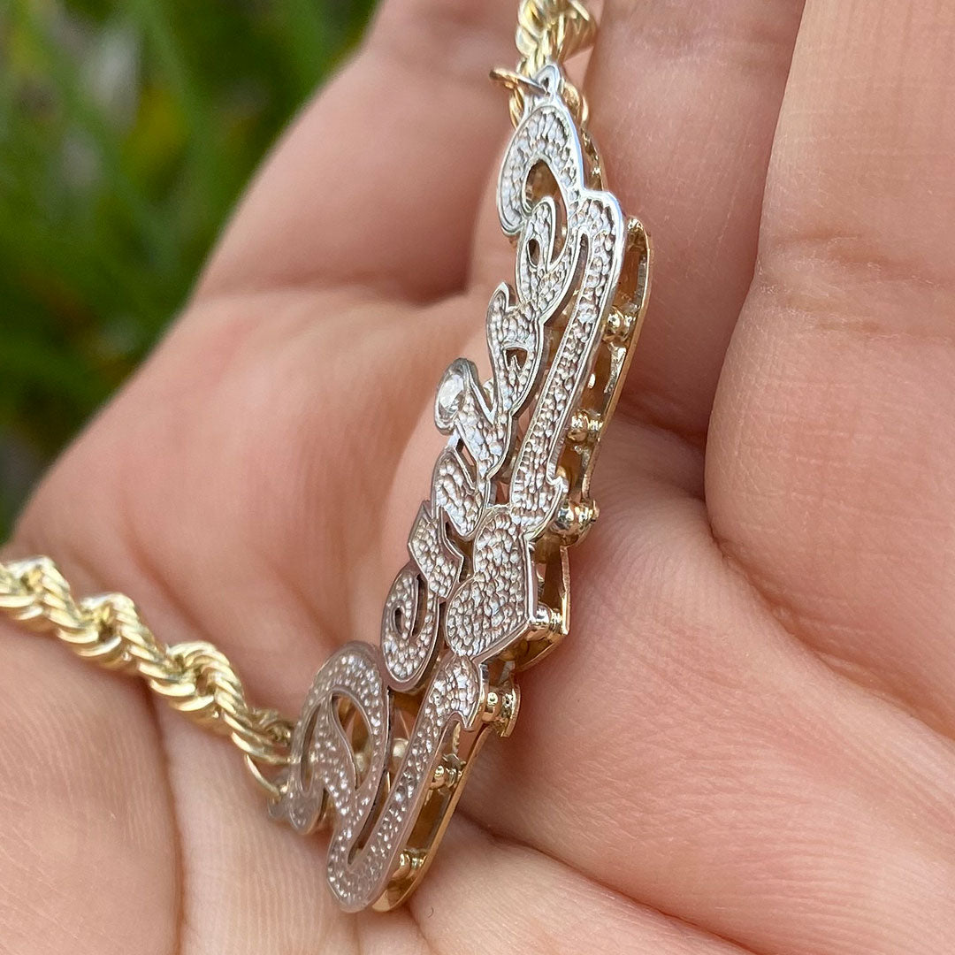 Personalized Cursive Double Name Plate Pendant with Heart Underline and Genuine Diamond