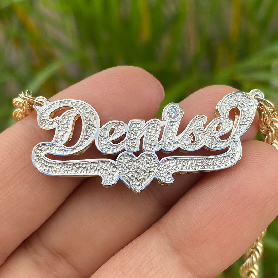 Personalized Cursive Double Name Plate Pendant with Heart Underline and Genuine Diamond