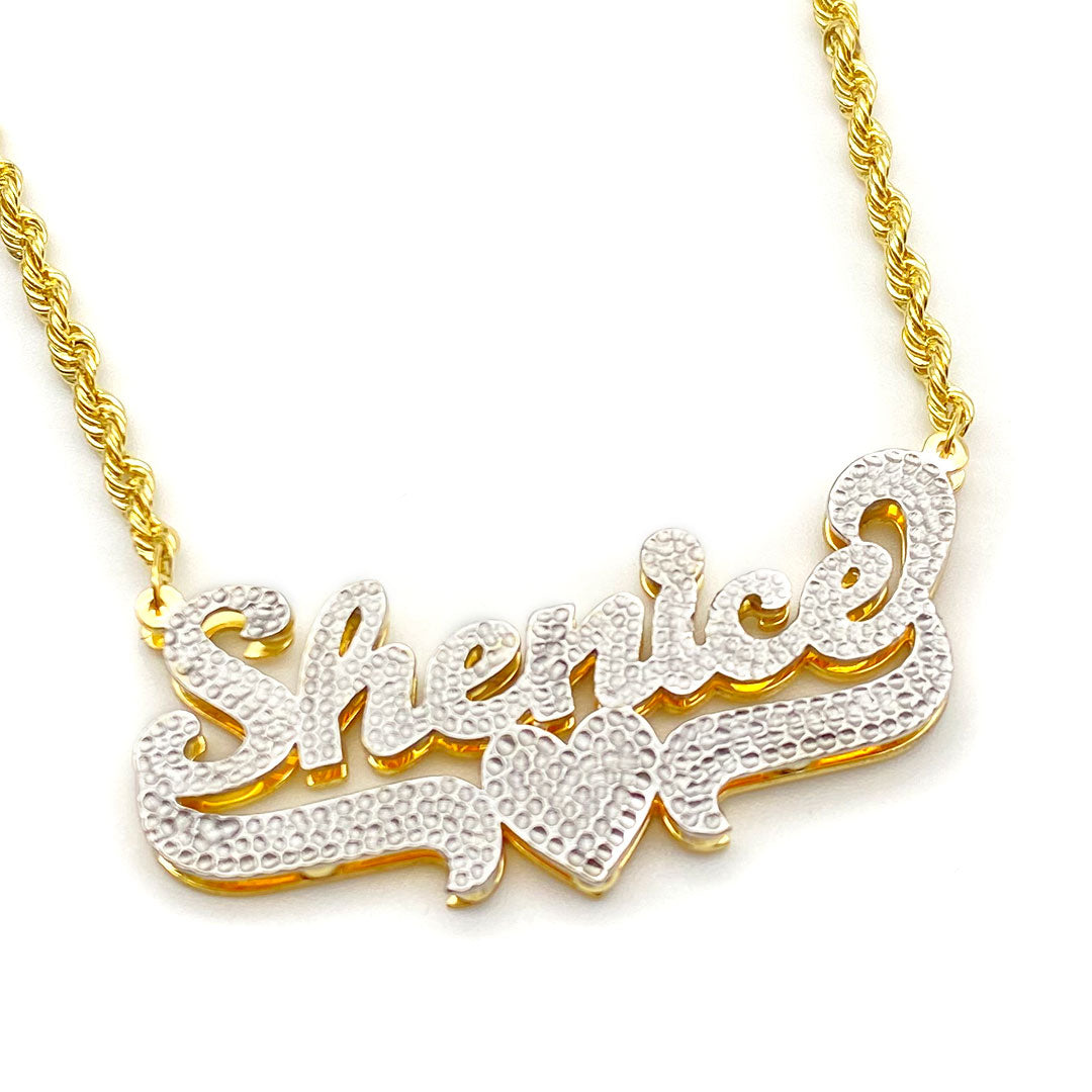 Personalized Diamond Cut Cursive Double Name Plate Pendant with Heart Underline