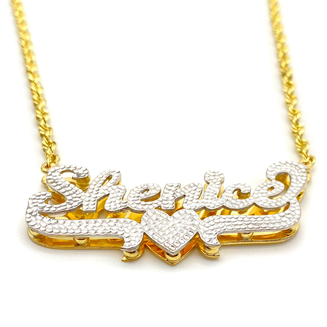 Personalized Diamond Cut Cursive Double Name Plate Pendant with Heart Underline