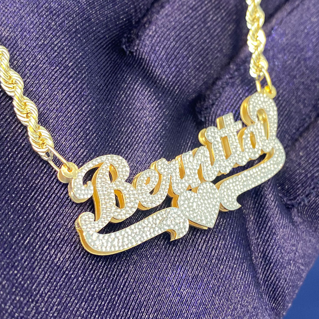 Personalized Diamond Cut Cursive Double Name Plate Pendant with Heart Underline