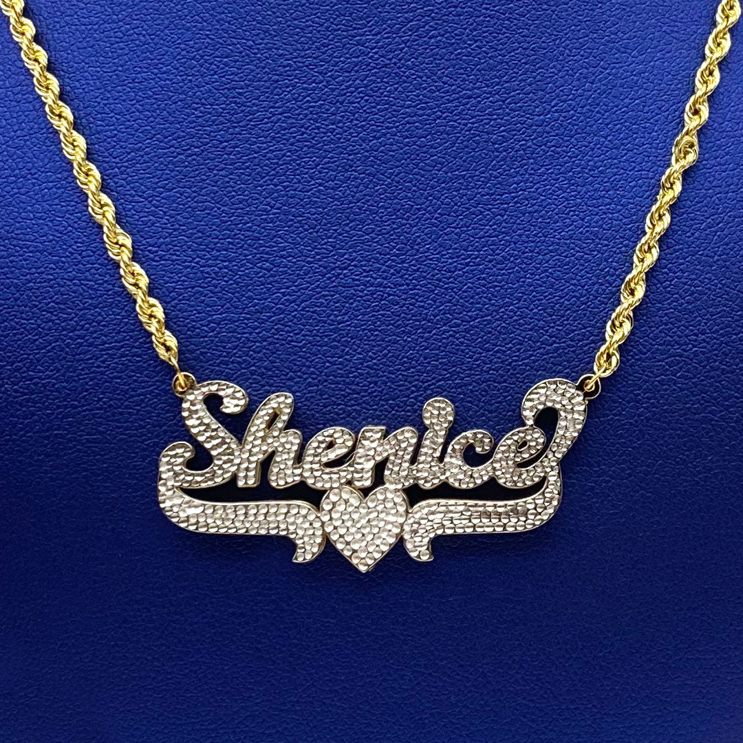 Personalized Diamond Cut Cursive Double Name Plate Pendant with Heart Underline