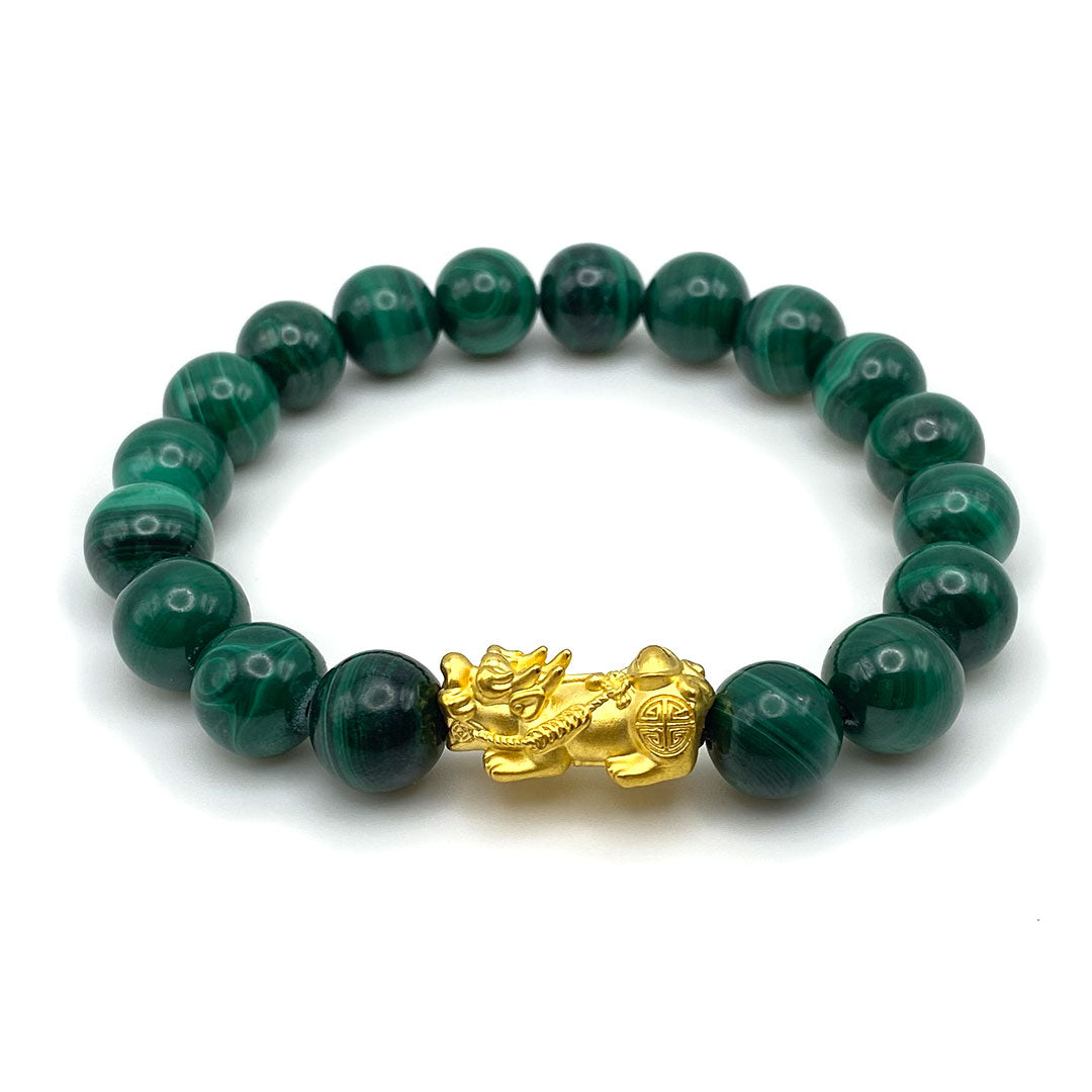 24k Gold Good Luck Feng Shui Pixiu Bead Bracelet - Onyx /  Blue Lapis / Green Malachite