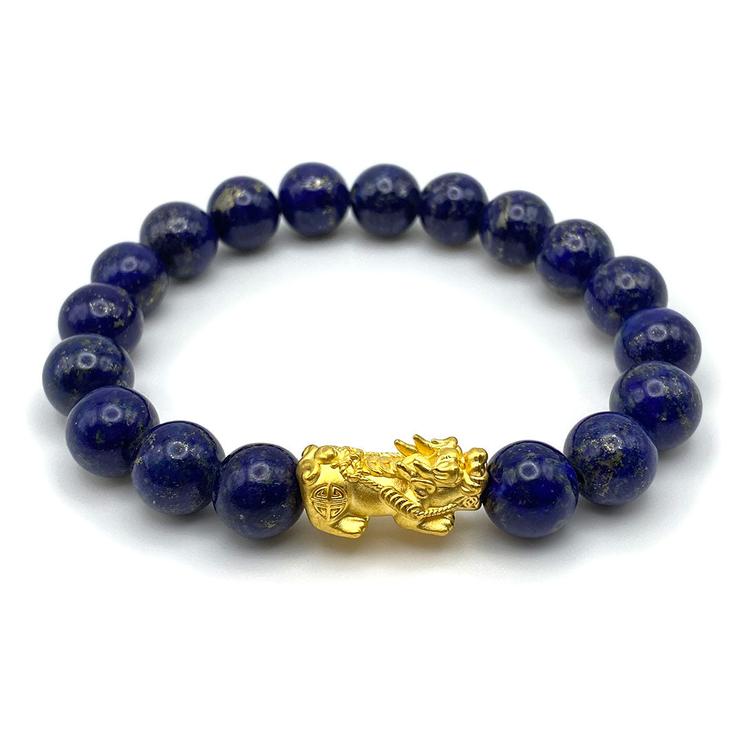 24k Gold Good Luck Feng Shui Pixiu Bead Bracelet - Onyx /  Blue Lapis / Green Malachite