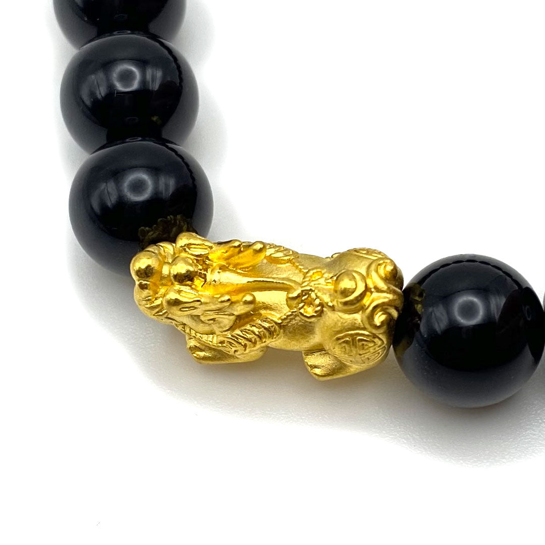 24k Gold Good Luck Feng Shui Pixiu Bead Bracelet - Onyx /  Blue Lapis / Green Malachite