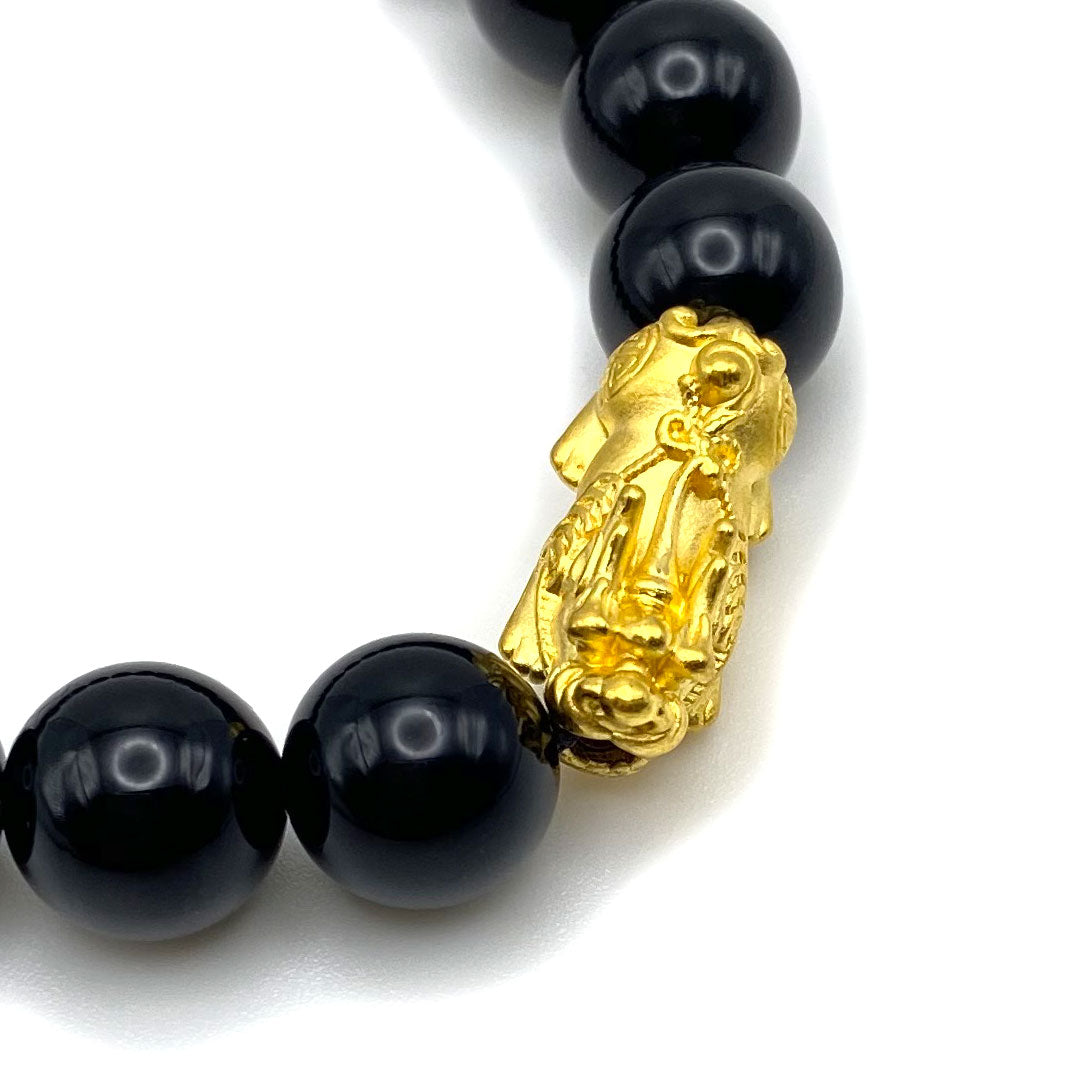 24k Gold Good Luck Feng Shui Pixiu Bead Bracelet - Onyx /  Blue Lapis / Green Malachite