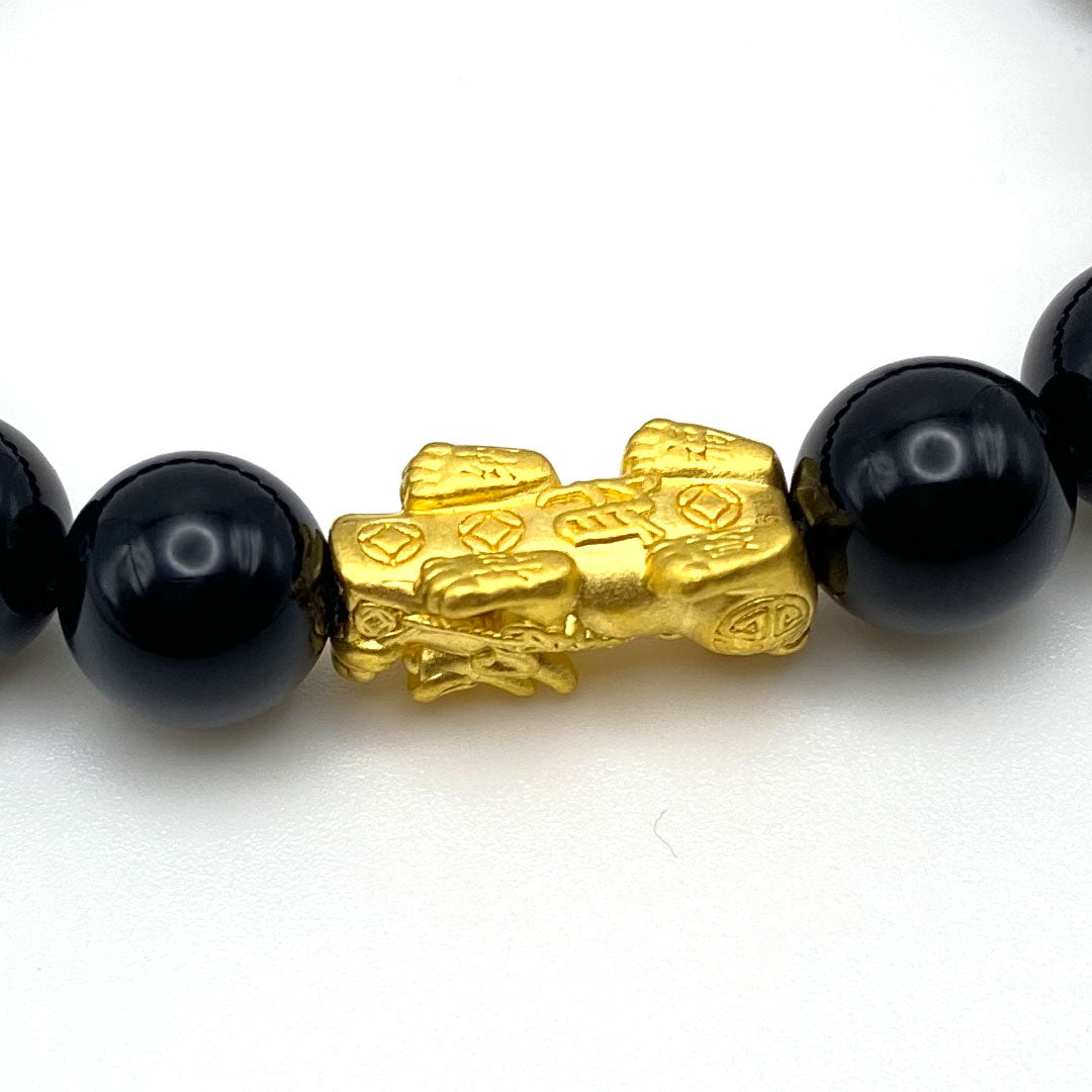 24k Gold Good Luck Feng Shui Pixiu Bead Bracelet - Onyx /  Blue Lapis / Green Malachite