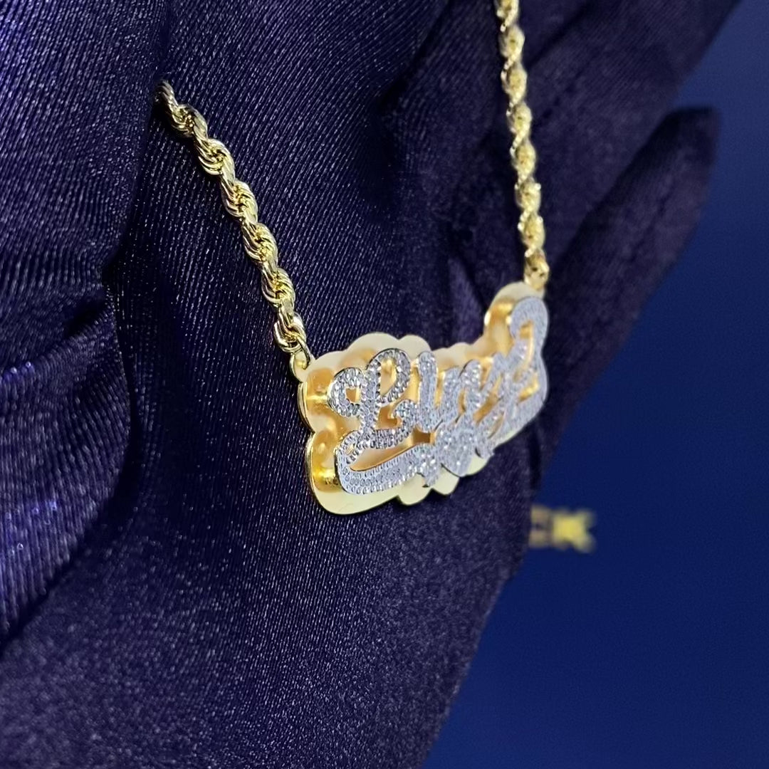 Personalized Cursive Solid Double Name Plate Pendant with Heart Underline