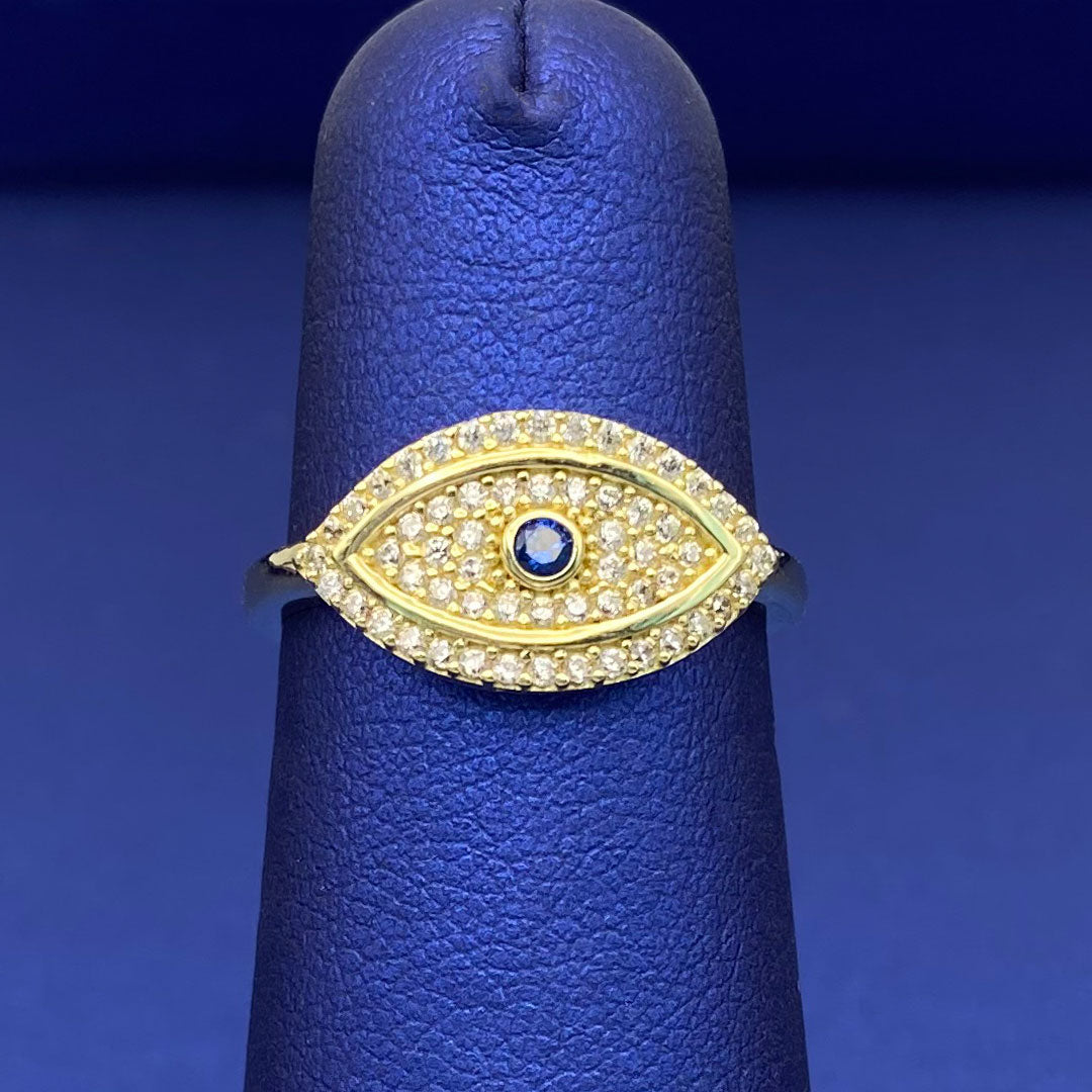 10k CZ White & Blue Bezel Evil Eye Ring