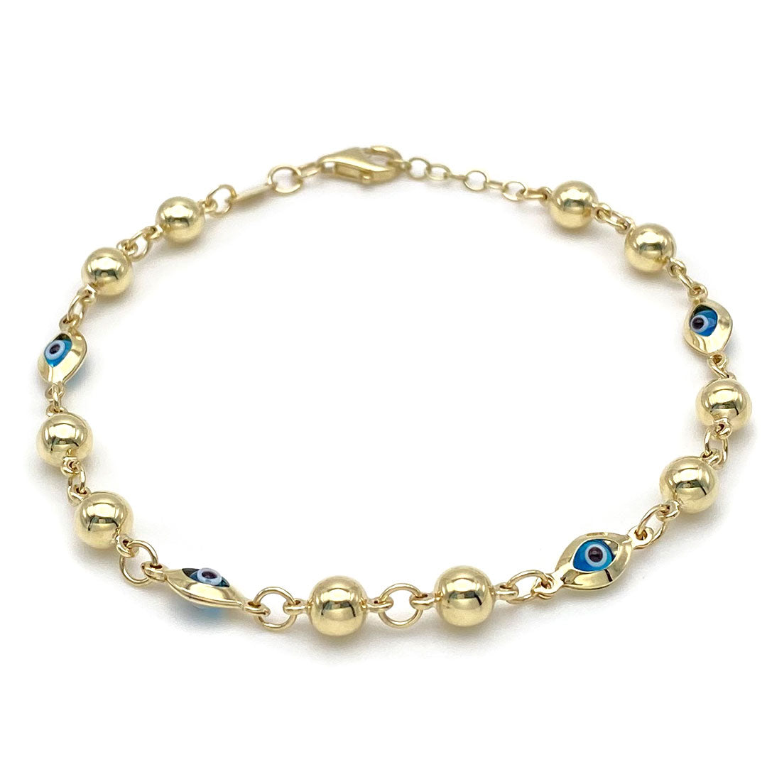 Evil eye and ball charm bracelet in 10k yellow gold