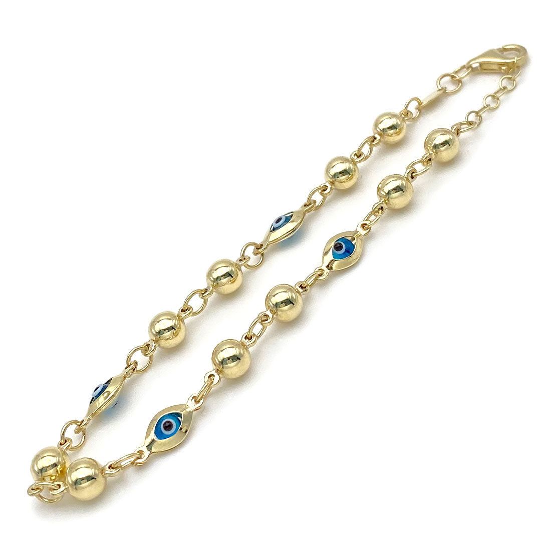 Evil eye and ball charm bracelet in 10k yellow gold side