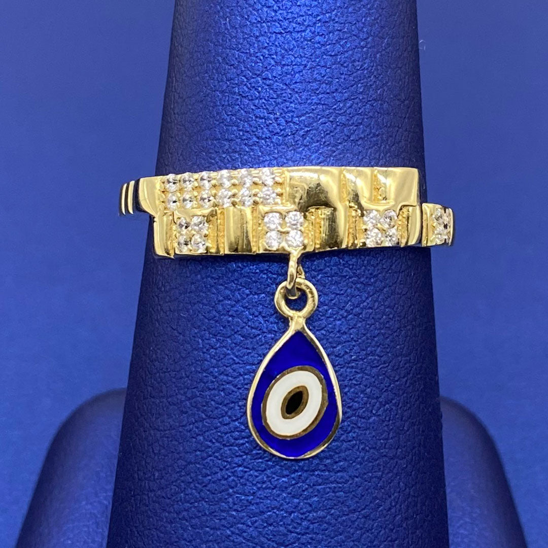 10k CZ Blue Enamel Evil Eye Teardrop Charm Fancy Ring