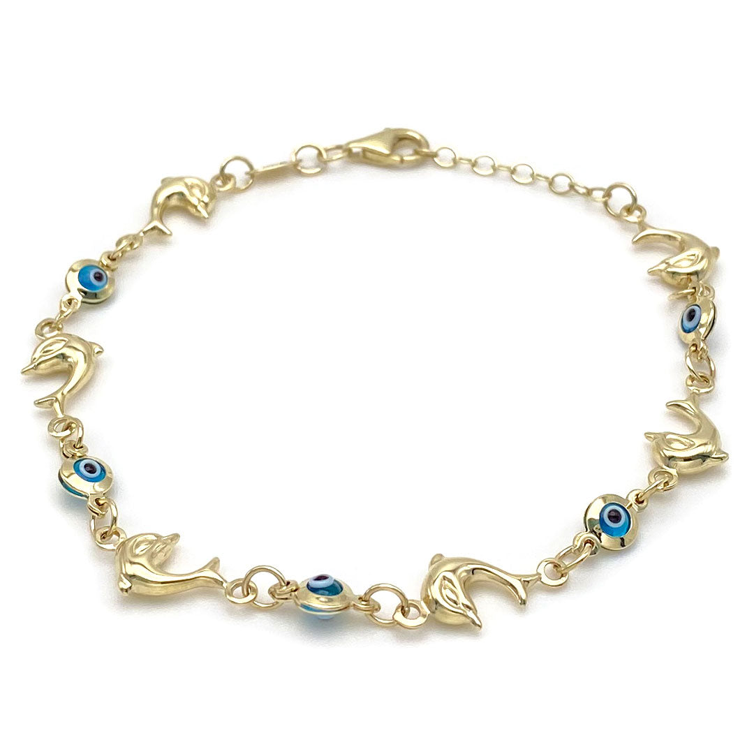 Blue Evil Eye & Dolphin Charm Bracelet in 10k Yellow Gold