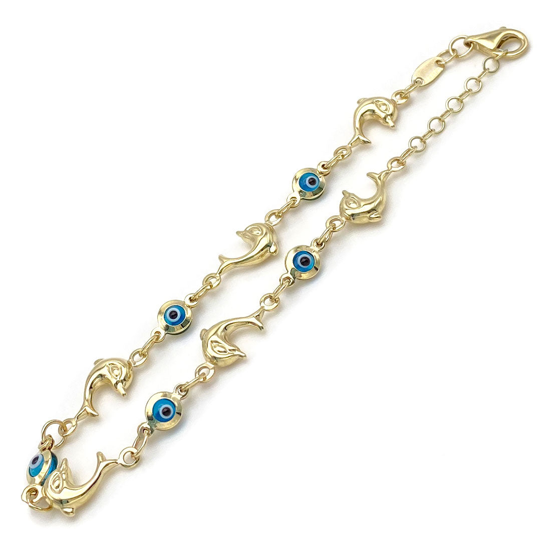 Blue Evil Eye & Dolphin Charm Bracelet in 10k Yellow Gold side