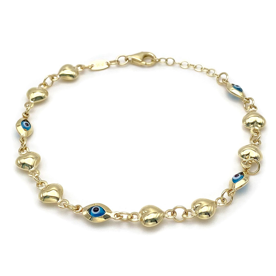 Blue Evil Eye & Heart Bracelet in 10k Yellow Gold