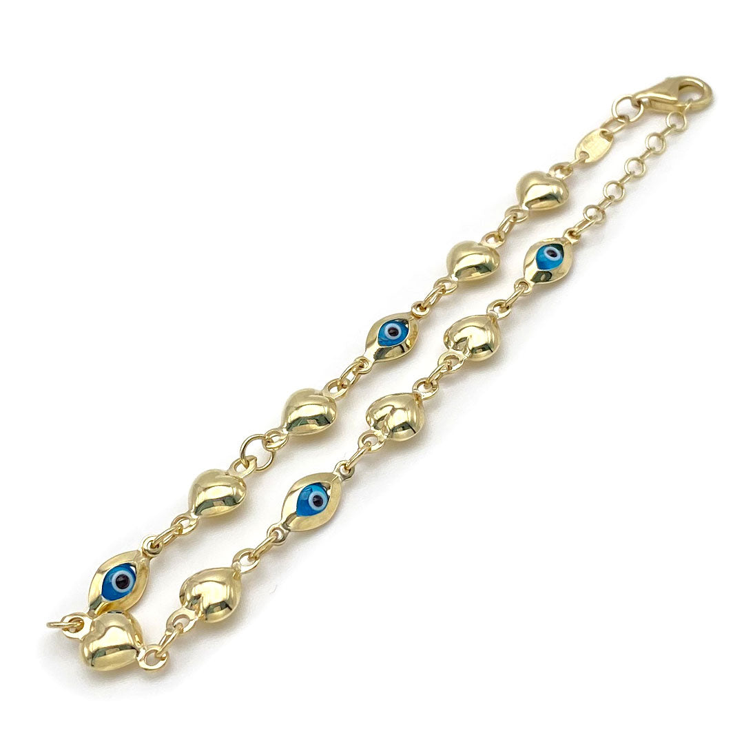 Blue Evil Eye & Heart Bracelet in 10k Yellow Gold side