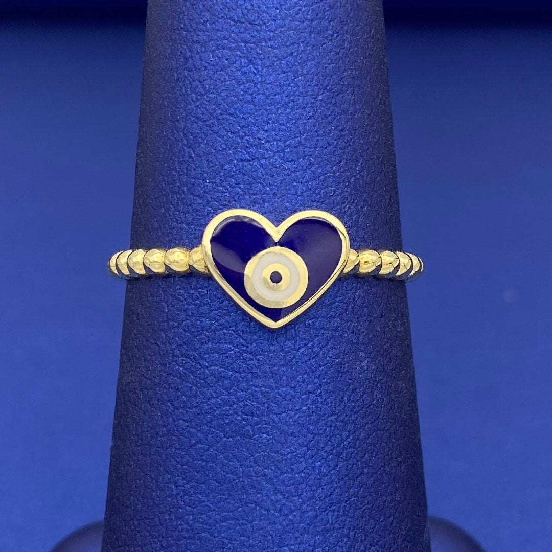 14k Dark Blue Enamel Evil Eye Heart Ring