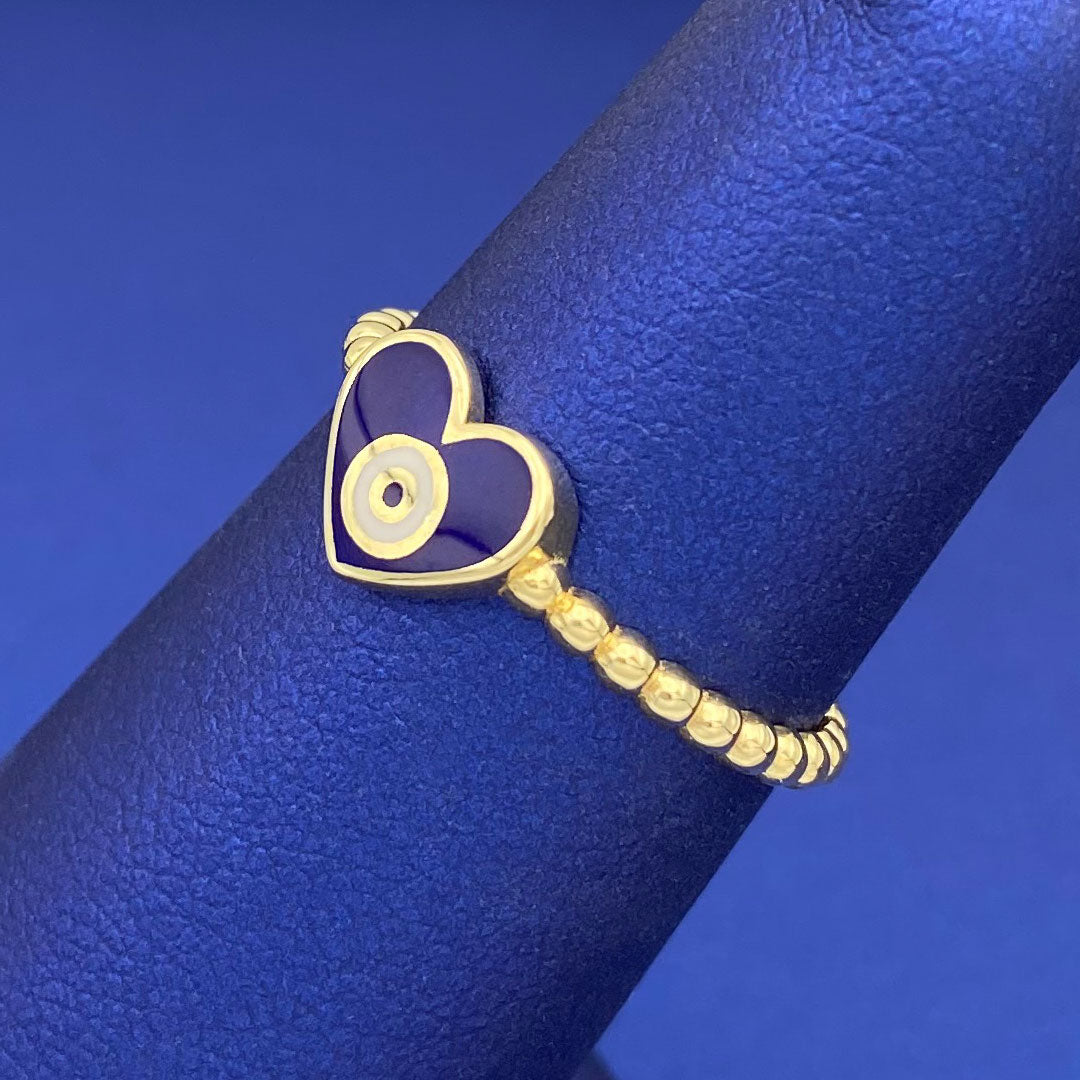 14k Dark Blue Enamel Evil Eye Heart Ring