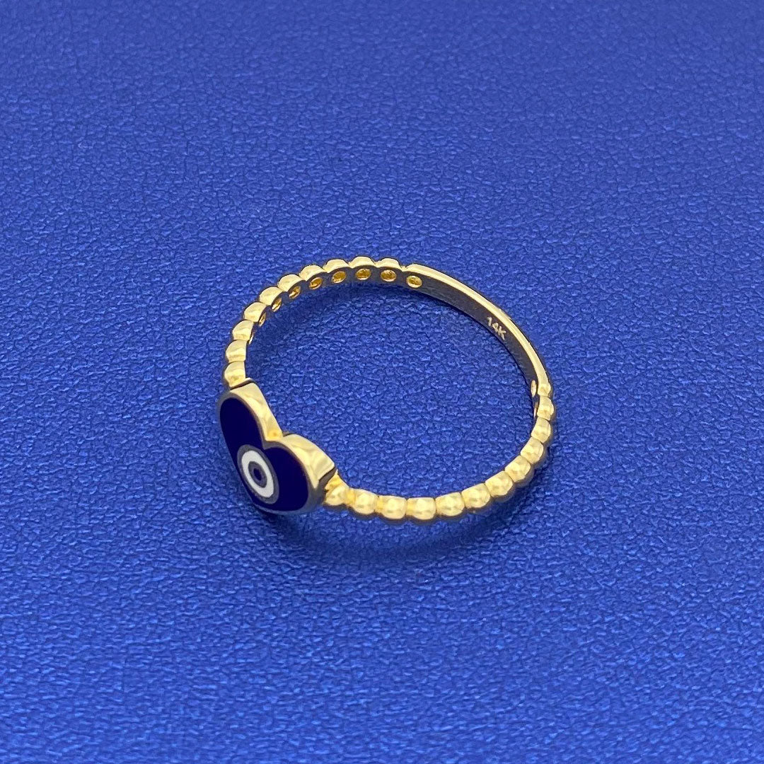 14k Dark Blue Enamel Evil Eye Heart Ring