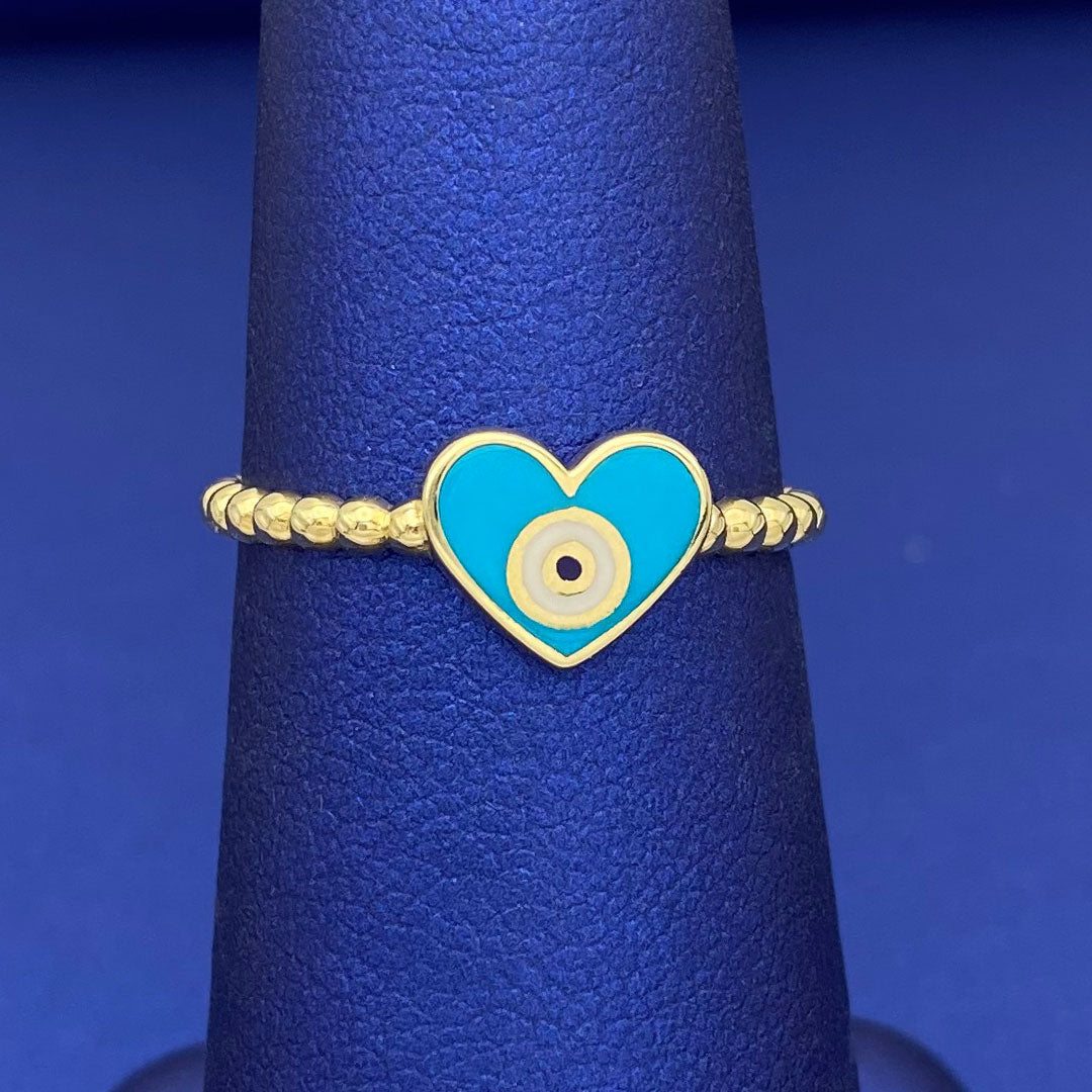 14k Light Blue Enamel Evil Eye Heart Ring