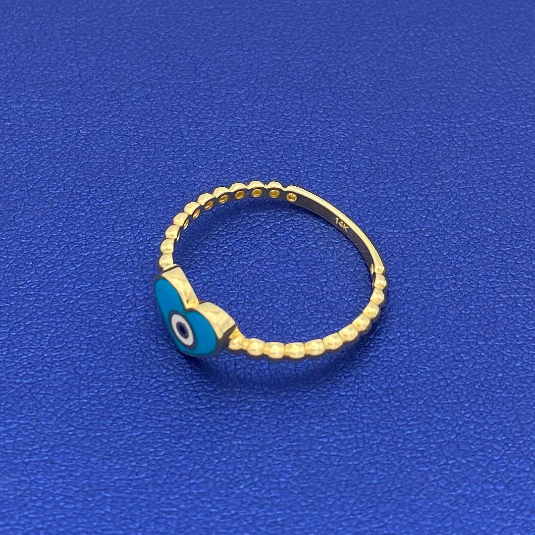 14k Light Blue Enamel Evil Eye Heart Ring