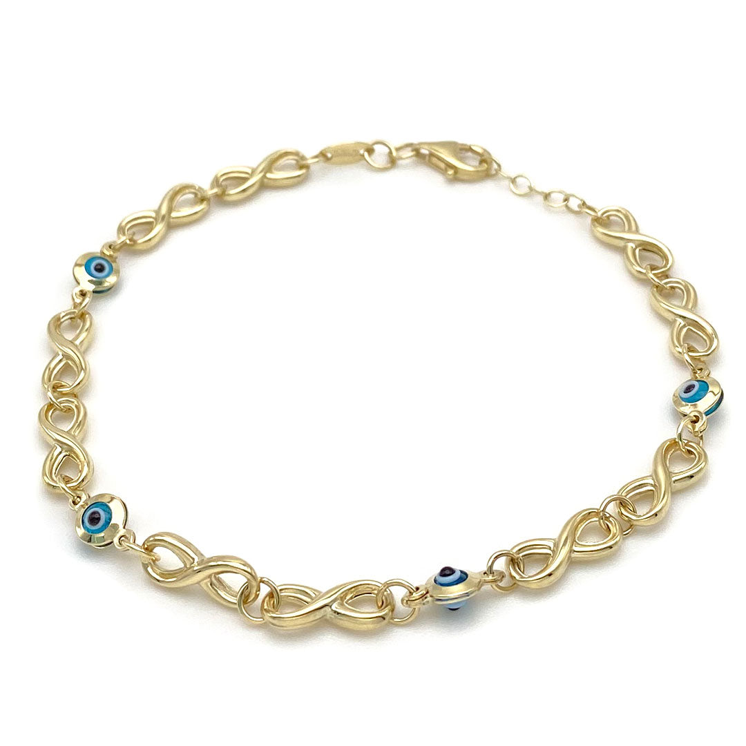 10k Yellow Gold Blue Evil Eye & Infinity Bracelet