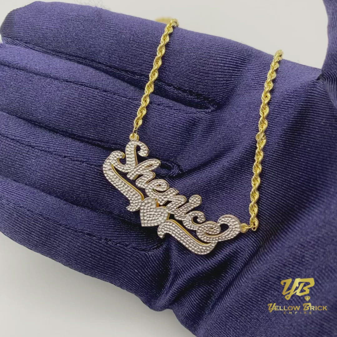 Personalized Diamond Cut Cursive Double Name Plate Pendant with Heart Underline