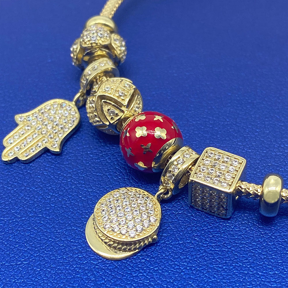 10k CZ Fancy Hamsa Hand & Hat Charm Bangle Bracelet Blue Background Charms