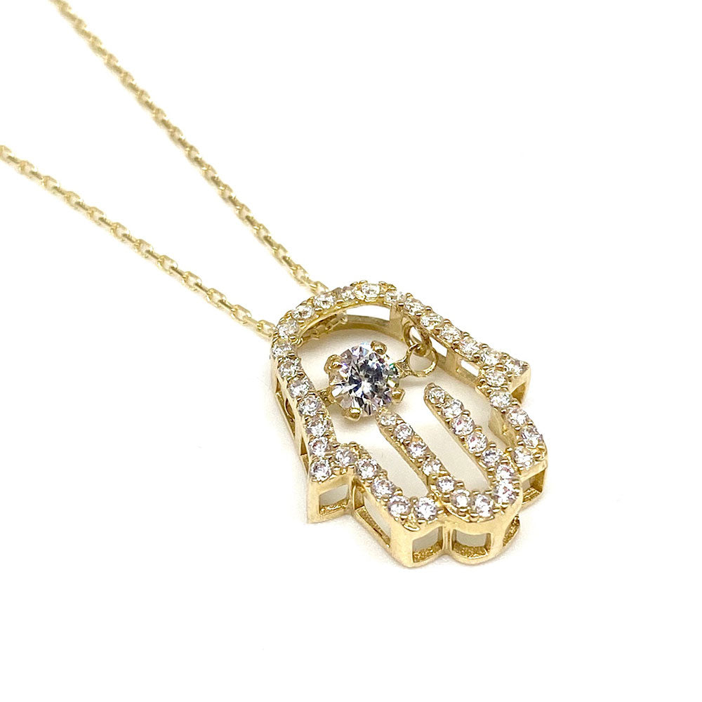 14k CZ Hamsa Hand Dancing Stone Pendant with Chain