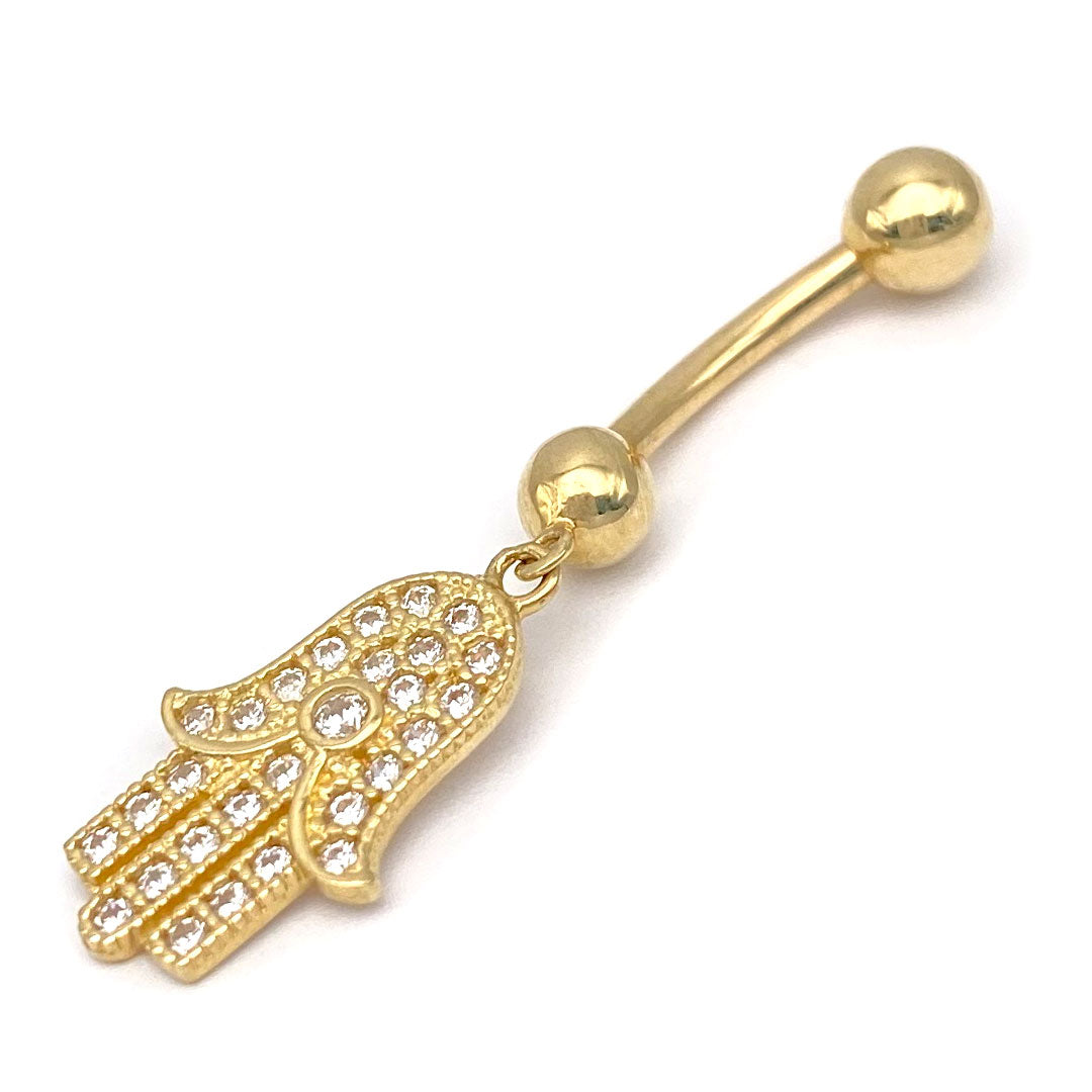 14k CZ Hamsa Hand Hanging Belly Ring