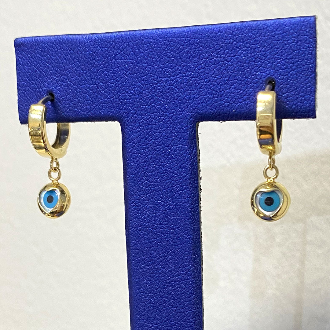 14k Evil Eye Huggie Hoop Drop Earrings