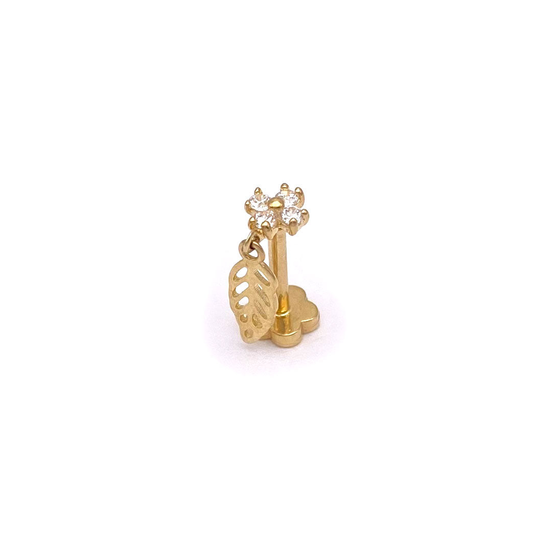 14k CZ Flower & Hanging Leaf Internal Threaded Stud