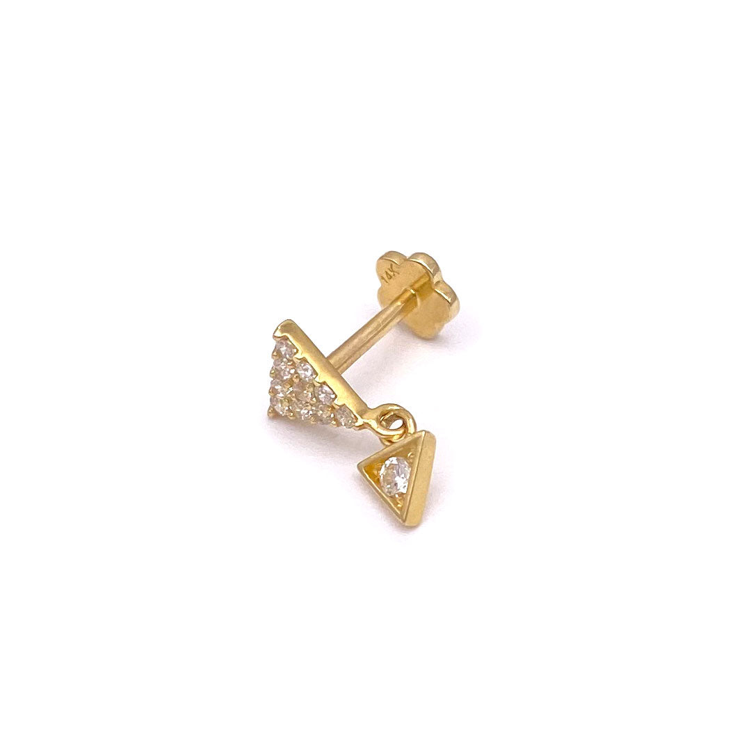 14k CZ Double Triangle Hanging Internal Threaded Stud