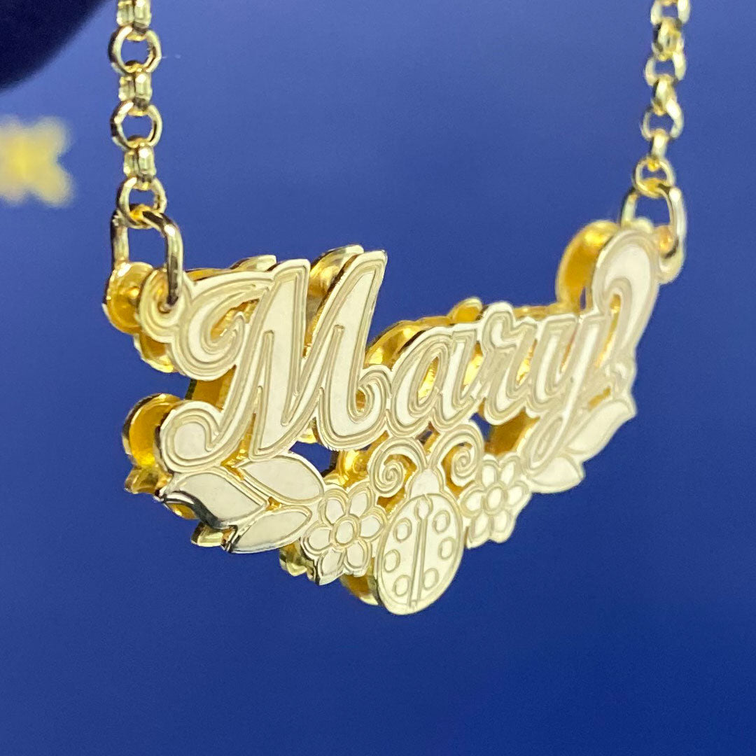 Personalized Cursive Double Name Plate Pendant with Ladybug & Flower Underline