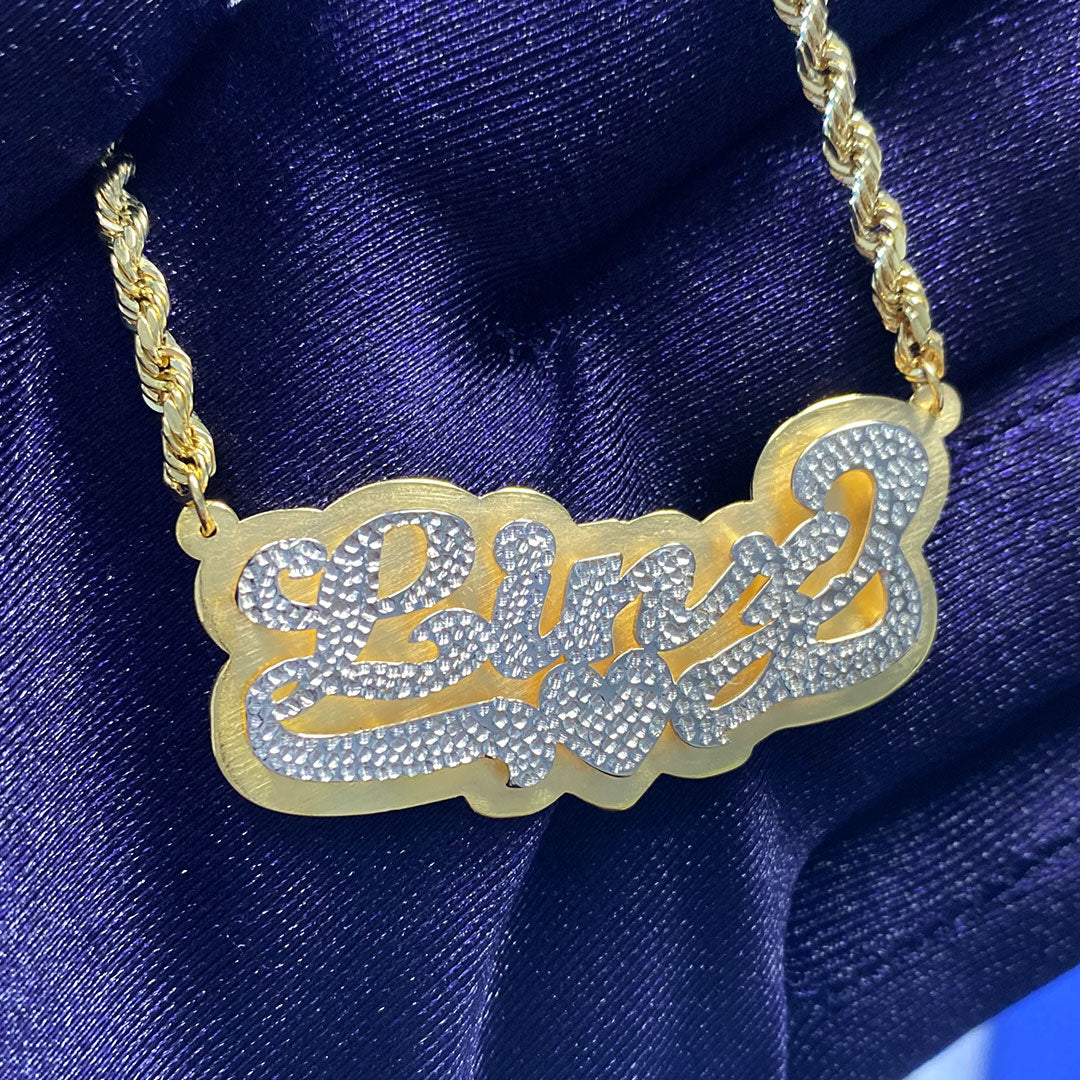 Personalized Cursive Solid Double Name Plate Pendant with Heart Underline