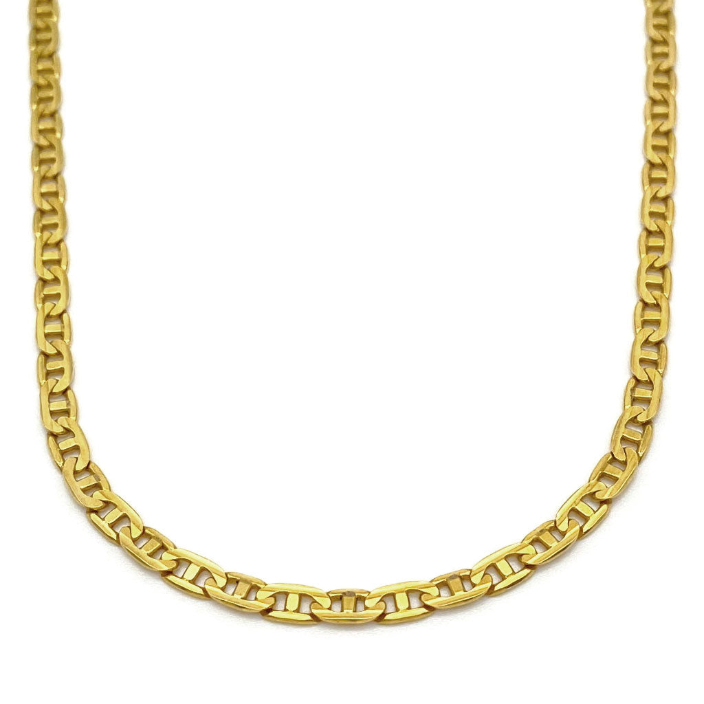 A 10k gold mariner chain necklace with a lobster clasp, 3mm width, and 20 inches in length.