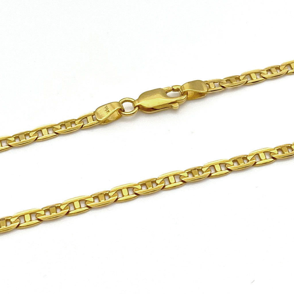 A 10k gold mariner chain necklace with a lobster clasp, 3mm width, and 20 inches in length.