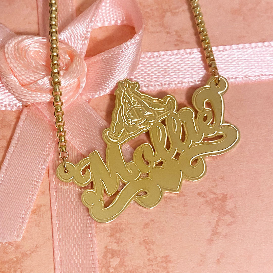 Personalized Cursive Name Plate Pendant with Heart Underline & Cartoon Character