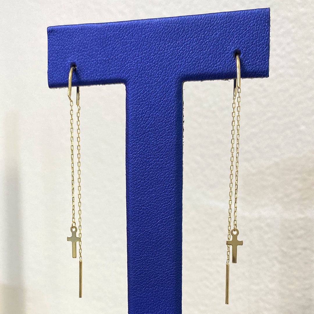 14k Dainty Needle & Thread Dangle Earrings with Cross Charm