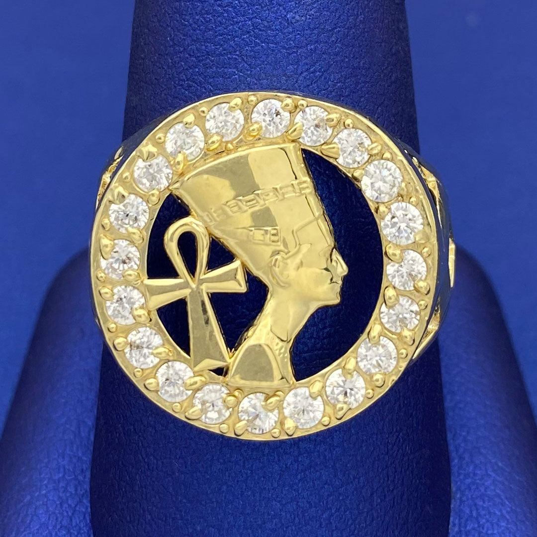 10k CZ Nefertiti & Ankh Round Ring