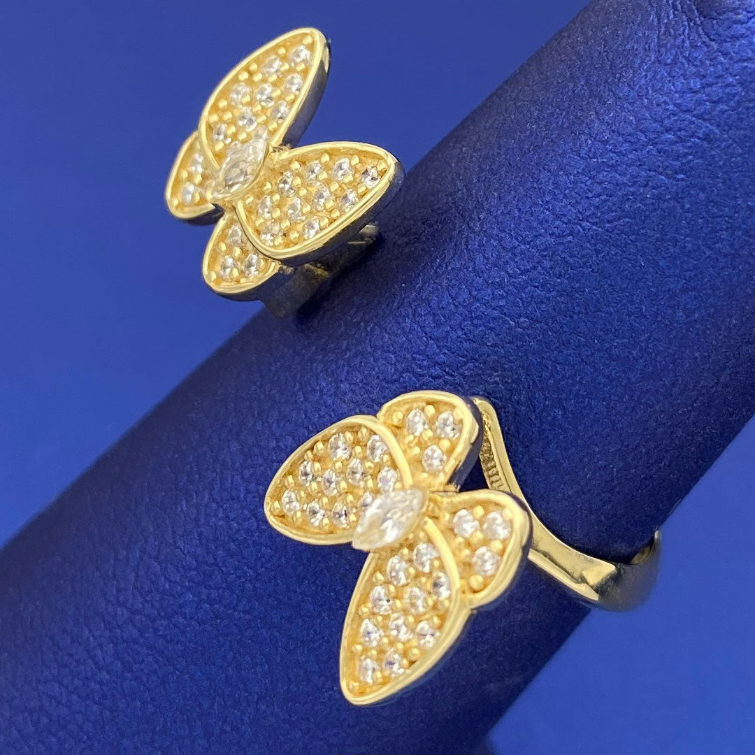 14k CZ Double Butterfly Open Ring