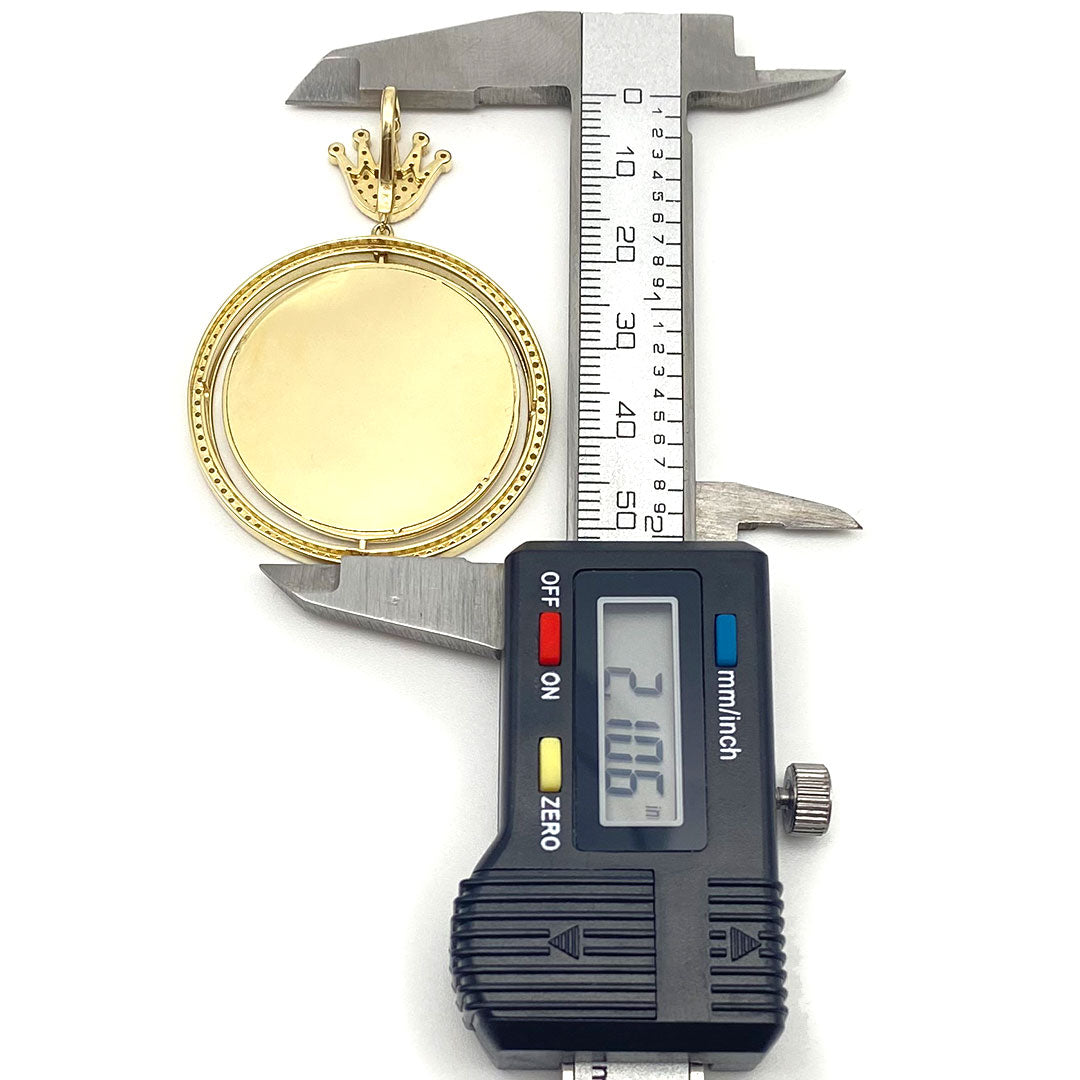 14k CZ Custom Round Rotating Double Sided Picture Pendant with Crown