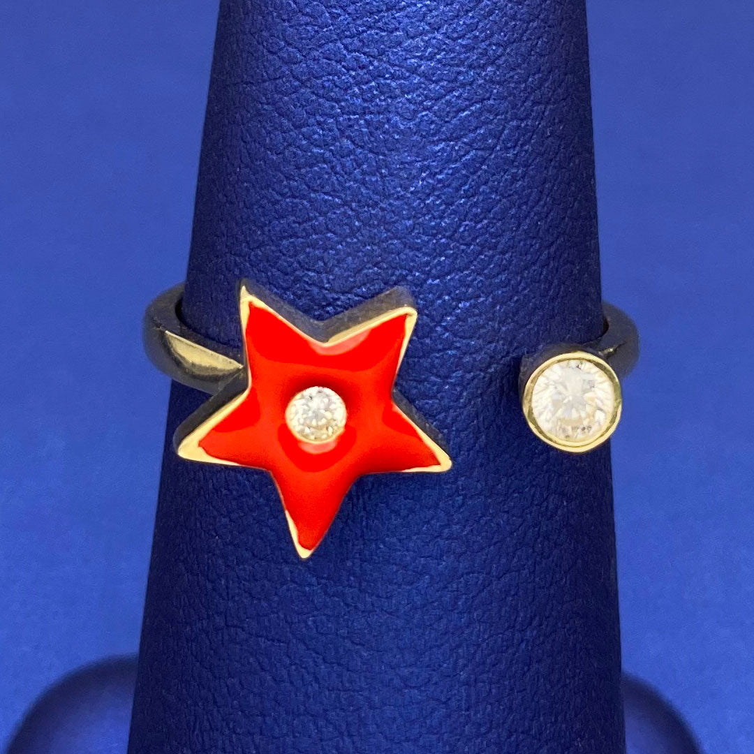 14k CZ & Red Enamel Star Open Ring