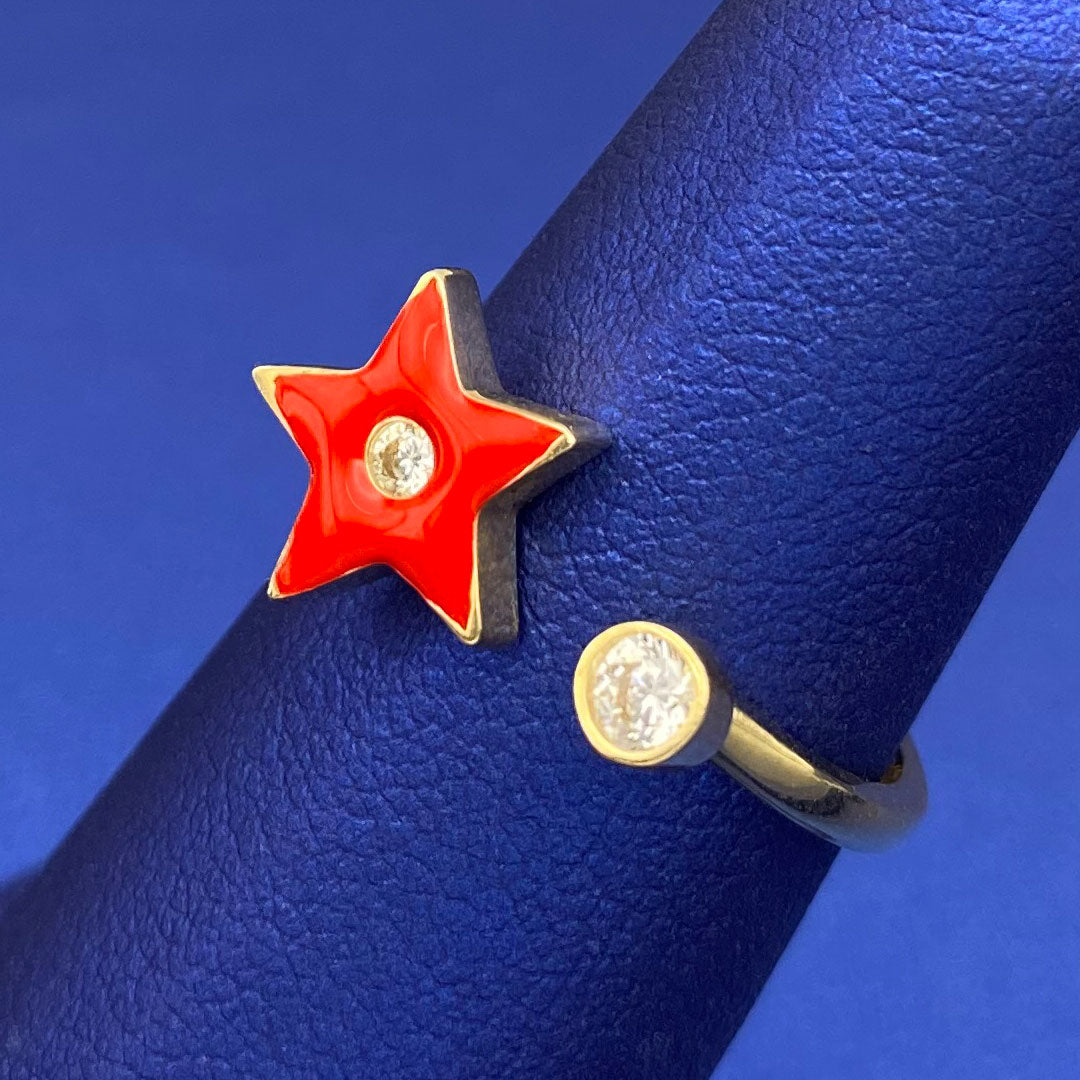 14k CZ & Red Enamel Star Open Ring