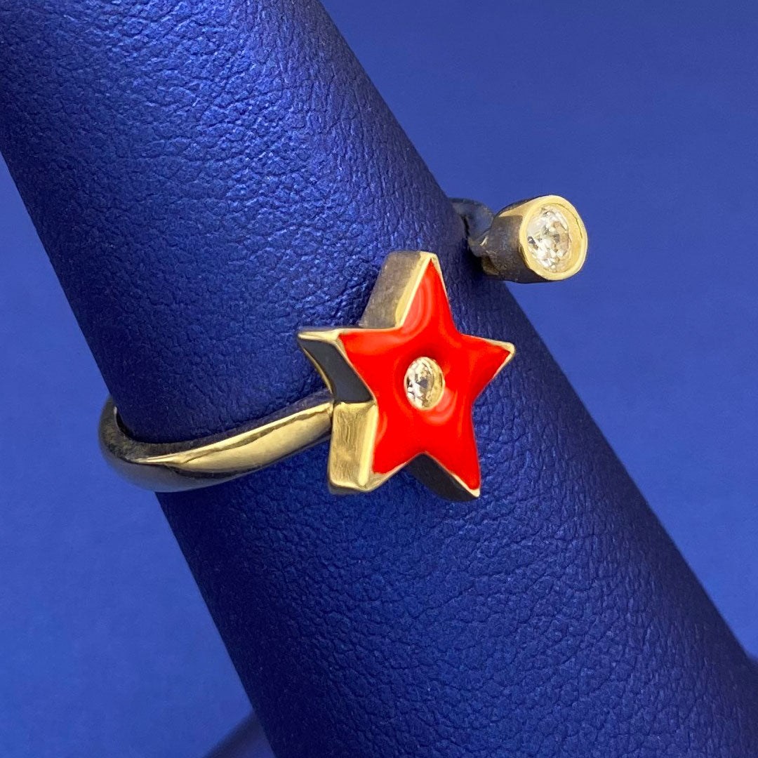 14k CZ & Red Enamel Star Open Ring