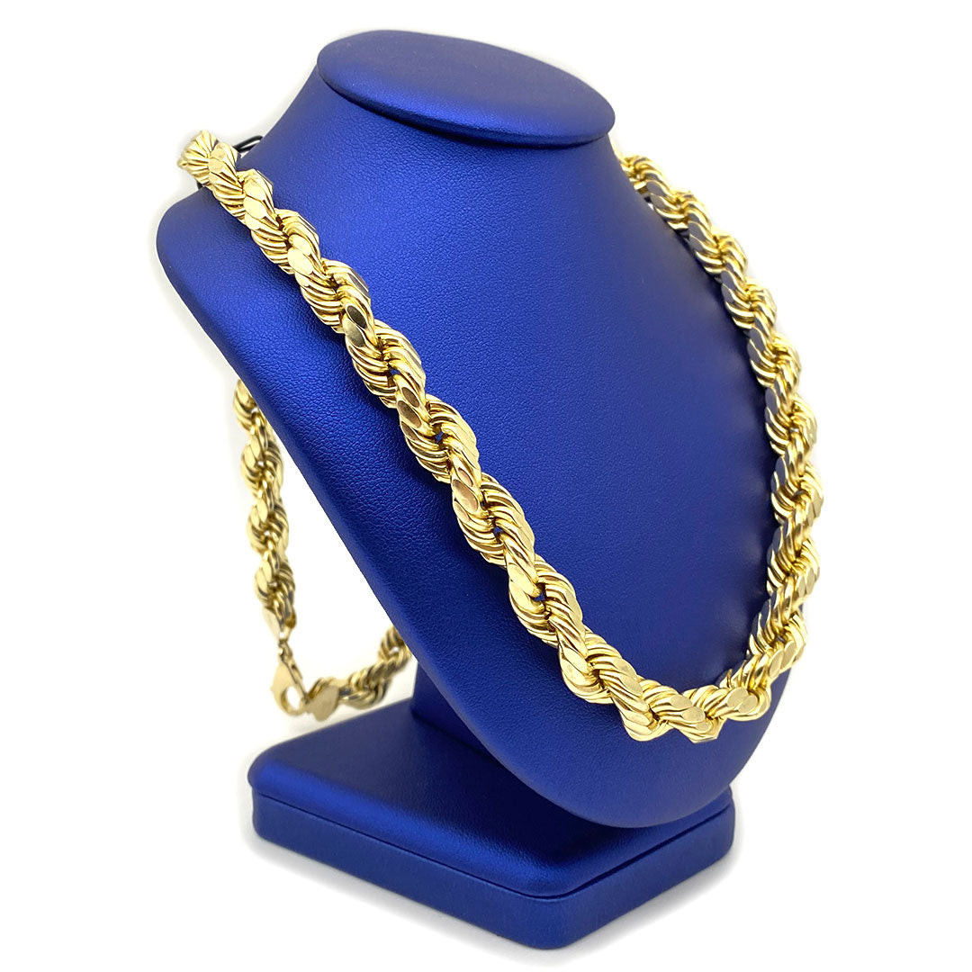 9mm 10k yellow gold hollow rope chain with diamond cuts on a blue neck display