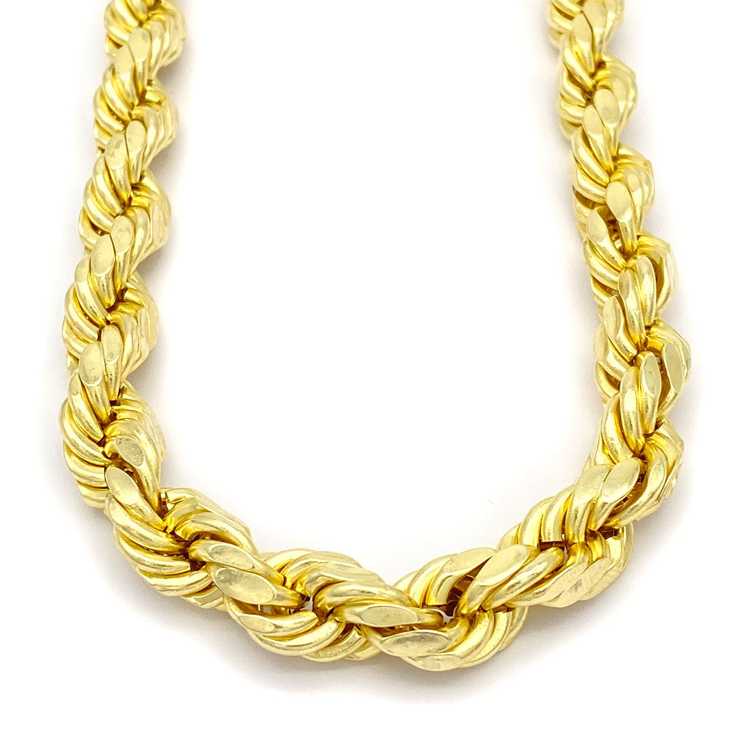 9mm 10k yellow gold hollow rope chain with diamond cuts on a white background