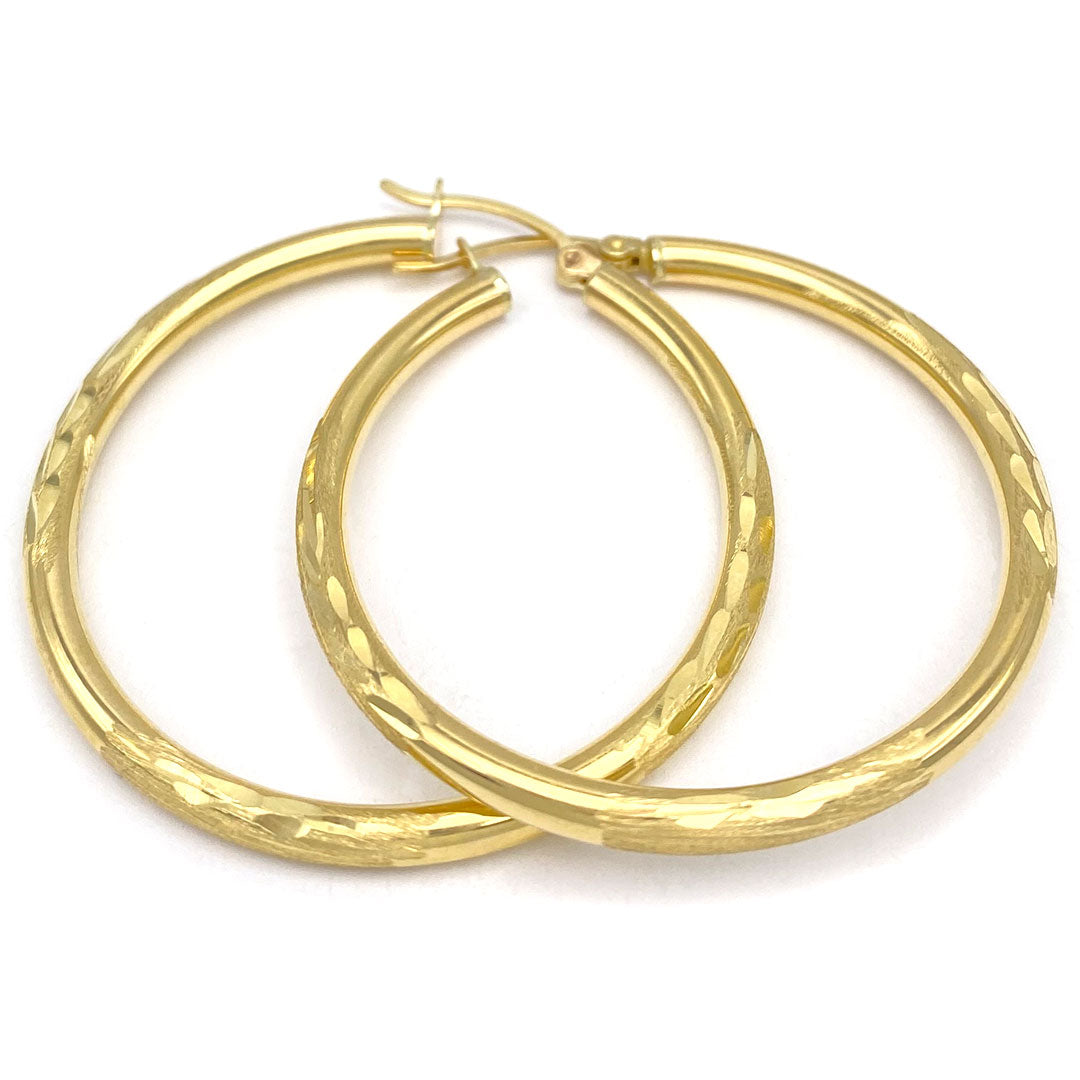 10k Satin & Diamond Cut Hoop Earrings