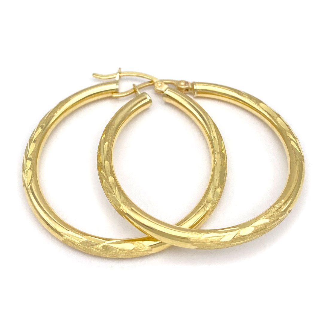 10k Satin & Diamond Cut Hoop Earrings